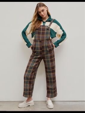 Cider Brown & Blue Plaid Women's Overall Jumpsuit, Medium